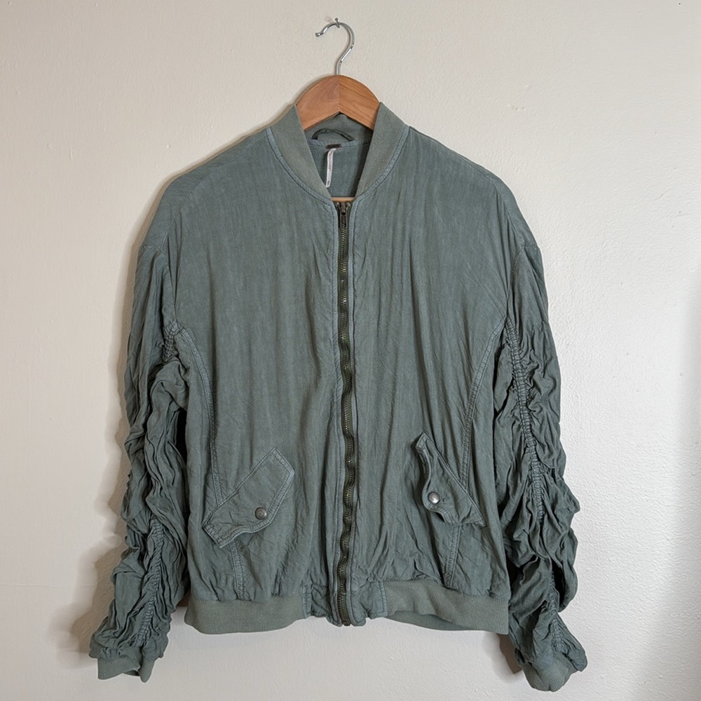 Free People Ruched Linen Bomber Jacket - Picture 3 of 10